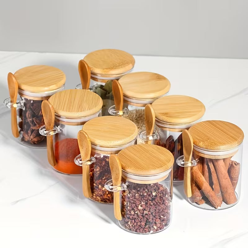 wooden lid and glass spices jar
