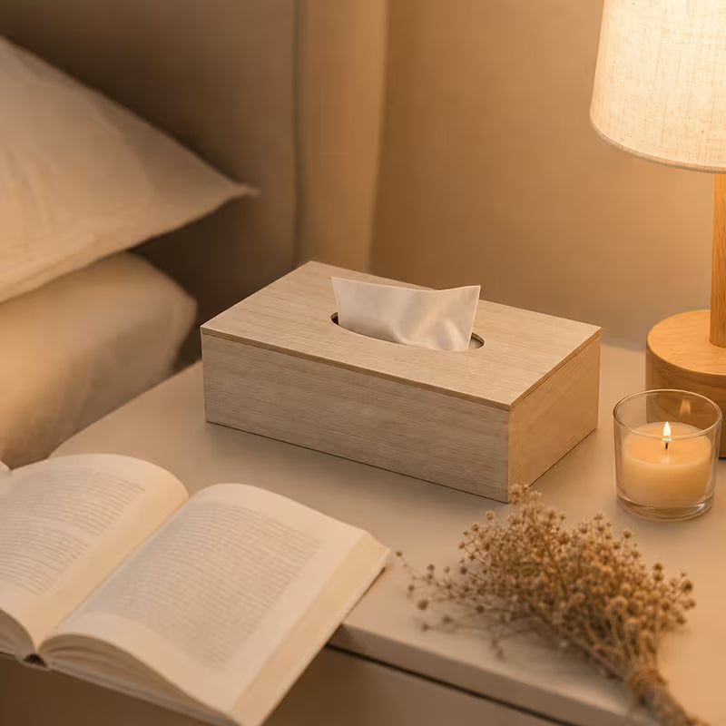 beige wooden tissue box