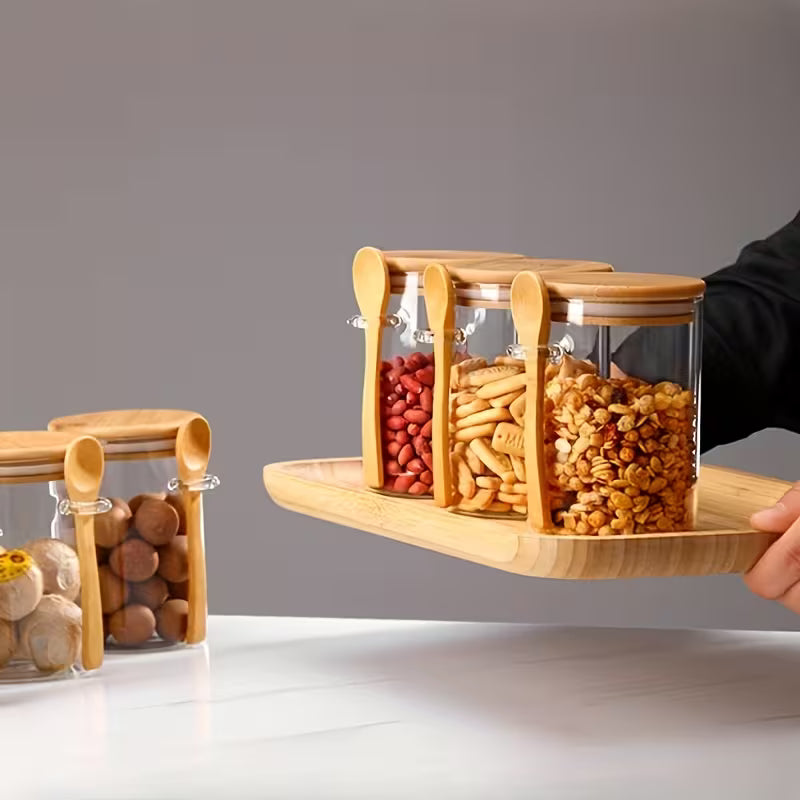 wooden lid and glass spices jar