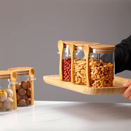 wooden lid and glass spices jar