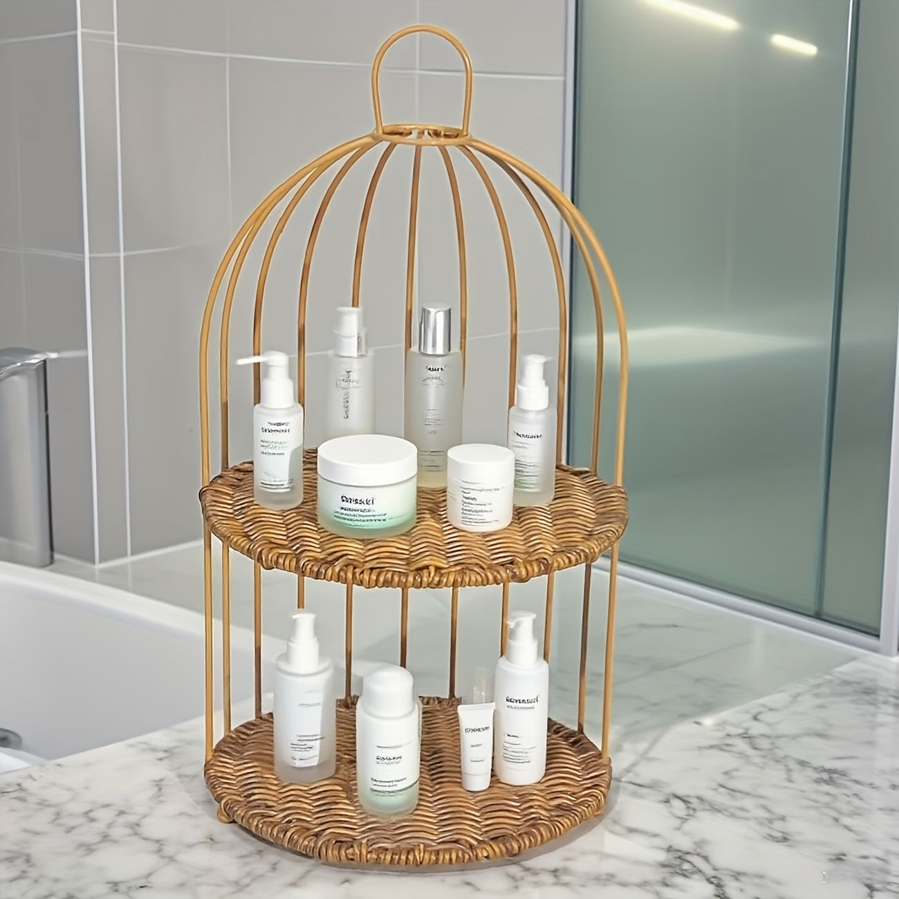 Instagram-style Rattan-look Double-layer Cosmetic Organizer, Waterproof and Moisture-resistant Bathroom
