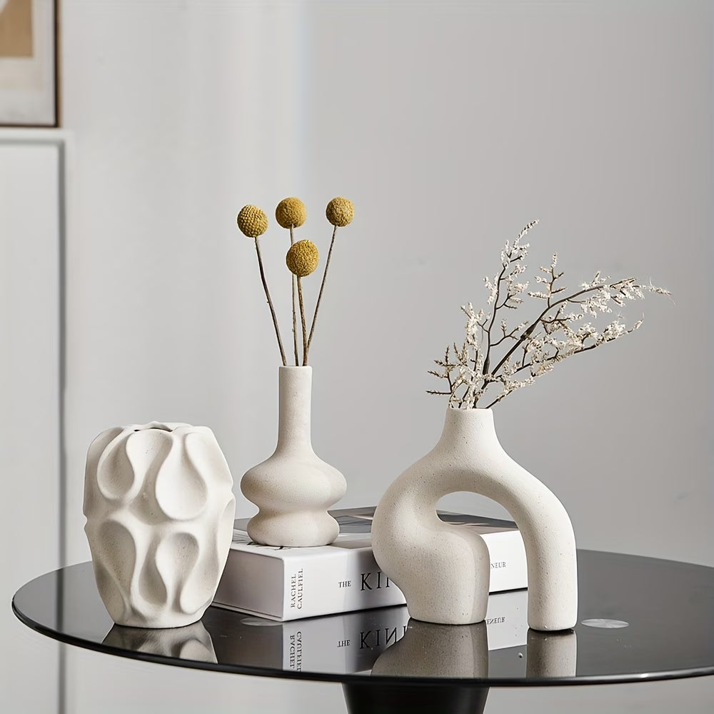 3pcs Boho Ceramic Vase Set - Modern Nordic Minimalist Round & Donut Shaped, Geometric Pattern, Ideal for Trendy Home Decor, Living Room, Entryway, Coffee Table - No Battery Required, Decorative Gift