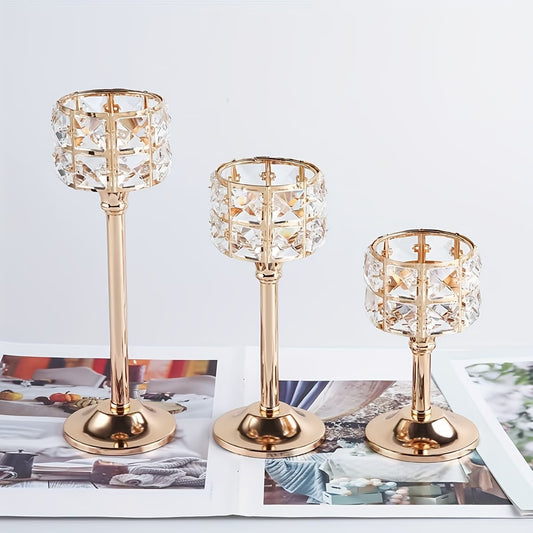 3pcs European-Style Mini Crystal Candlestick Creative Metal Ornaments Wedding Hotel Home Candlelight Dinner Props Layout Decorations